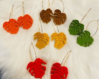 Monstera Leaf Polymer Clay Autumn Color 35mm Gold Hoop Dangles