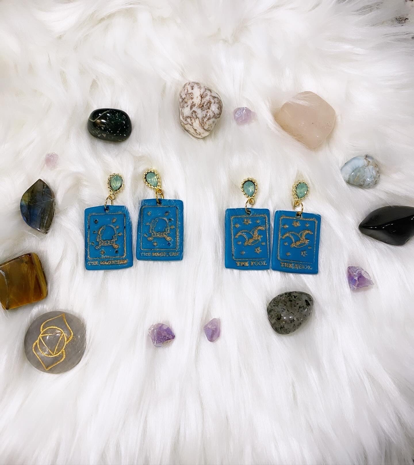 Tarah: Teal Tarot Card with Aquamarine Post Polymer Clay Dangles (The Fool, The Magician, Justice, Strength variations)