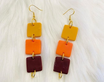Fae: Autumn Color Square Polymer Clay Dangle, Mustard Burnt Orange and Maroon