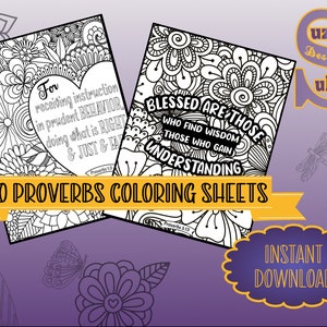 Könnte beinhalten: Schwarz-weiße druckbare Malvorlagen mit 10 verschiedenen Bibelversen aus dem Buch der Sprichwörter. Jedes Blatt hat ein dekoratives Blumenmuster und eine Herzform. Der Text auf den Blättern lautet "Denn Unterweisung anzunehmen in klugem VERHALTEN, das zu tun, was recht und gerecht und fair ist" und "Gesegnet sind diejenigen, die Weisheit finden, diejenigen, die Verständnis gewinnen".