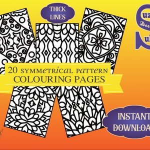Easy Symmetrical Pattern Coloring Pages,Thick Lines, Visually Impaired, Beginner, PDF Digital Download