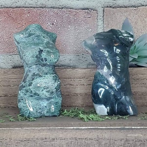 Hand carved natural Moss Agate Pregnant Goddess or Man body. Crystal carvings. Bust carving. Womans body carving. Man body. Pregnant body.