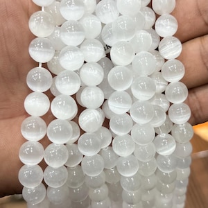 AAA Natural Selenite 6mm 8mm 10mm Round Beads High Quality Real Genuine Natural Cat's Eye Selenite Gemstone 15.5" Full Strand