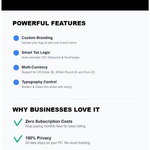 May include: A promotional image for FREEINV, a desktop invoicing software. The image highlights features like custom branding, smart tax logic, multi-currency support, and typography control. It also lists benefits such as zero subscription costs, 100% privacy, and faster payments.