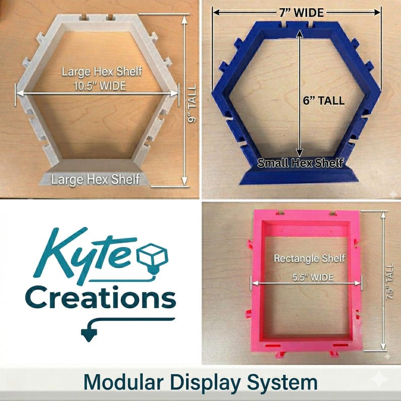 May include: A modular display system by Kyte Creations featuring a white large hex shelf at 10.5 inches wide by 9 inches tall, a blue small hex shelf at 7 inches wide by 6 inches tall, and a pink rectangle shelf at 5.5 inches wide by 7.5 inches tall.