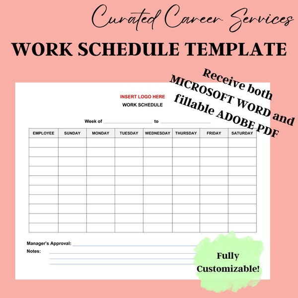 WORK SCHEDULE LANDSCAPE, Employee Calendar Form, Volunteer Schedule Template, Work Schedule Sheet, Work Schedule Template, Instant Download