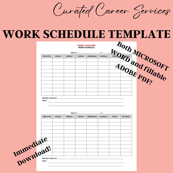 Two Week Employee Schedule, two weeks per page, employee schedule form, work schedule sheet, volunteer schedule, instant download, printable