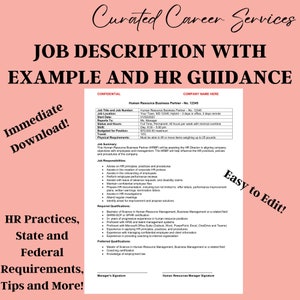 JOB DESCRIPTION with example and HR Guidance - position description - job description template - immediate download - customizable form