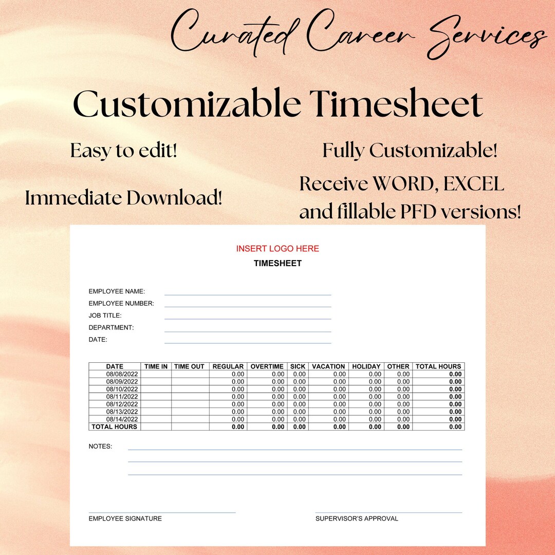 LANDSCAPE TIMESHEET CUSTOMIZEABLE Word Excel and Fillable Etsy