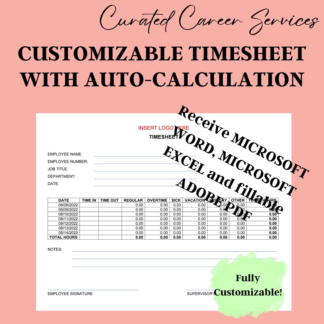 LANDSCAPE TIMESHEET, CUSTOMIZABLE, Word, Excel and Fillable Pdf