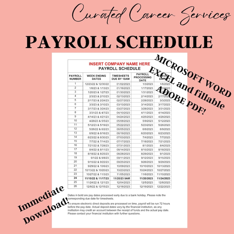 CUSTOMIZABLE PAYROLL SCHEDULE Biweekly Pay Schedule Etsy