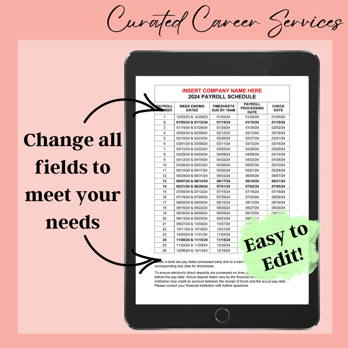 2024 PAYROLL SCHEDULE CALENDAR - Biweekly Pay Schedule - Bi-weekly Pay ...