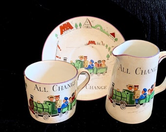 1900s English Child's dishes, Bishop Stonier signed Bisto, Stoneware child's pitcher, 'All Change' dish set,