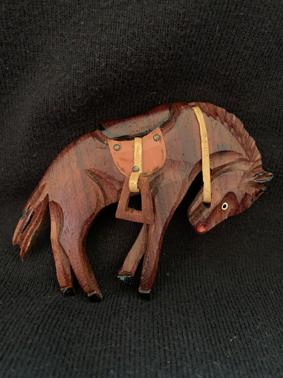 30s-40s Wood carved Horse pin, Bucking bronco pin… - image 2