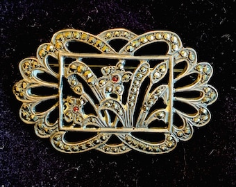 Early Marcasite and Sterling Brooch with tiny ruby glass, floral Marcasite brooch, 1900s brooch, Art Deco brooch, 1920s brooch