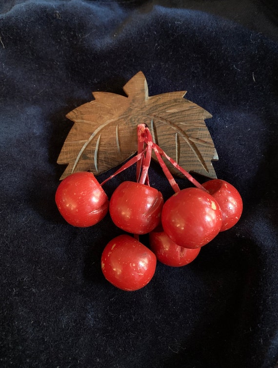 30s Wood Carved Cherry Brooch, 40s Cherry Pin, Car