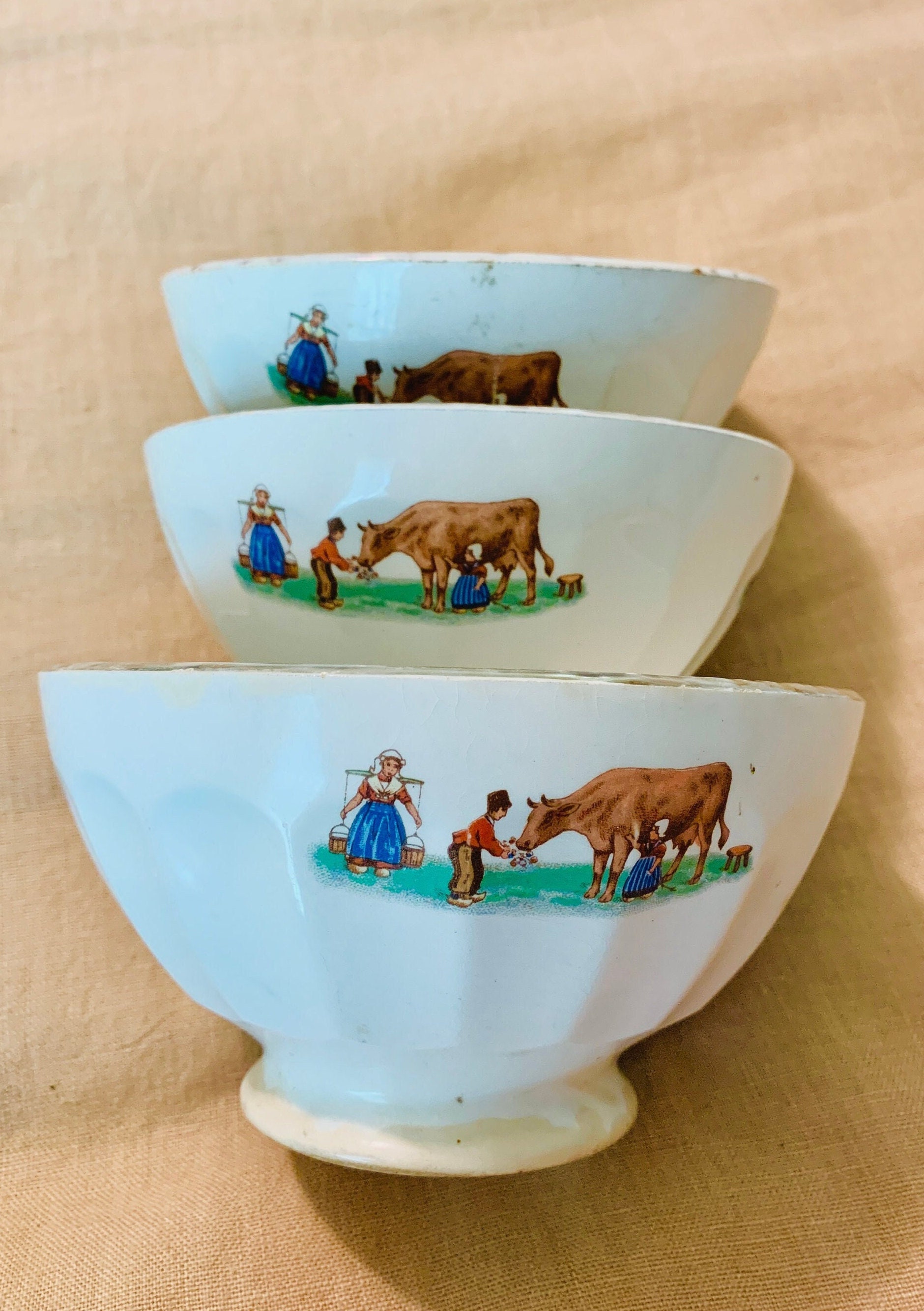 Three French Cow Cafe Au Lait Bowls 1930s40s French latte bowls Art Deco French bowls Dugoin Sarreguimines