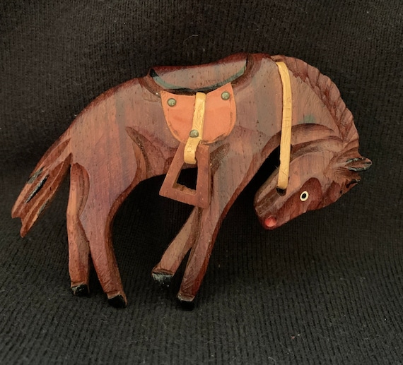 30s-40s Wood carved Horse pin, Bucking bronco pin… - image 1