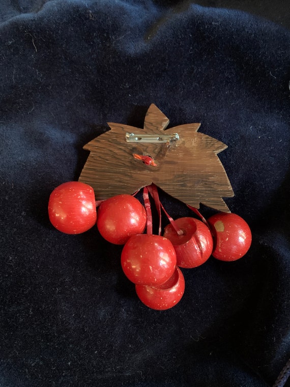 30s Wood Carved Cherry Brooch, 40s Cherry Pin, Ca… - image 2