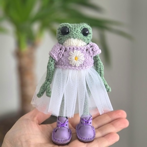 Handmade knitted Frog Toy, Frog Shoes, Amigurumi Plush Animal, purple dress