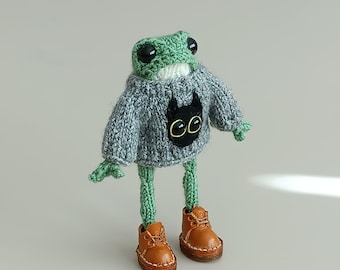 Puede incluir: Una rana de crochet verde que lleva un suéter de punto gris con un diseño de gato negro y zapatos de cuero marrón.