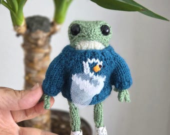 Handmade knitted Frog Plush Toy, Posable Limbs, Knitted Sweater