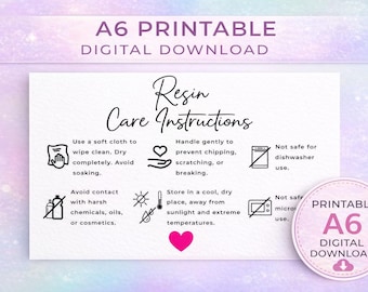 Kaart met onderhoudsinstructies hars | A6 afdrukbare verpakkingsbijsluiter (digitale download)