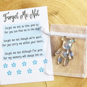 FORGET ME NOT, Worry Bear, Forget Me Not Flowers, Pocket Hug, Pressed Flower Gift, Remembrance Keepsake, Resin Bear