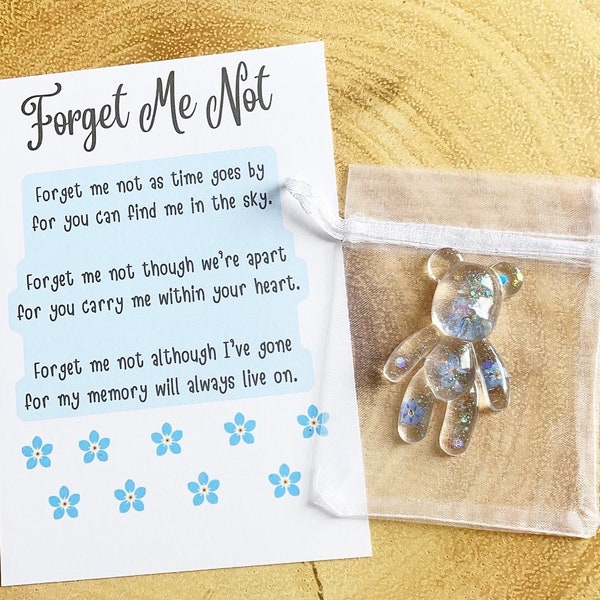 FORGET ME NOT, Worry Bear, Fleurs de myosotis, Pochette de câlin, Cadeau de fleurs pressées, Souvenir commémoratif, Ours en résine