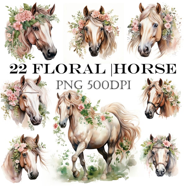 Aquarelle Floral Horse Clip Art, Floral Horse Png, Aquarelle Horse Png, Fabrication de cartes, Art mural, PNG numérique