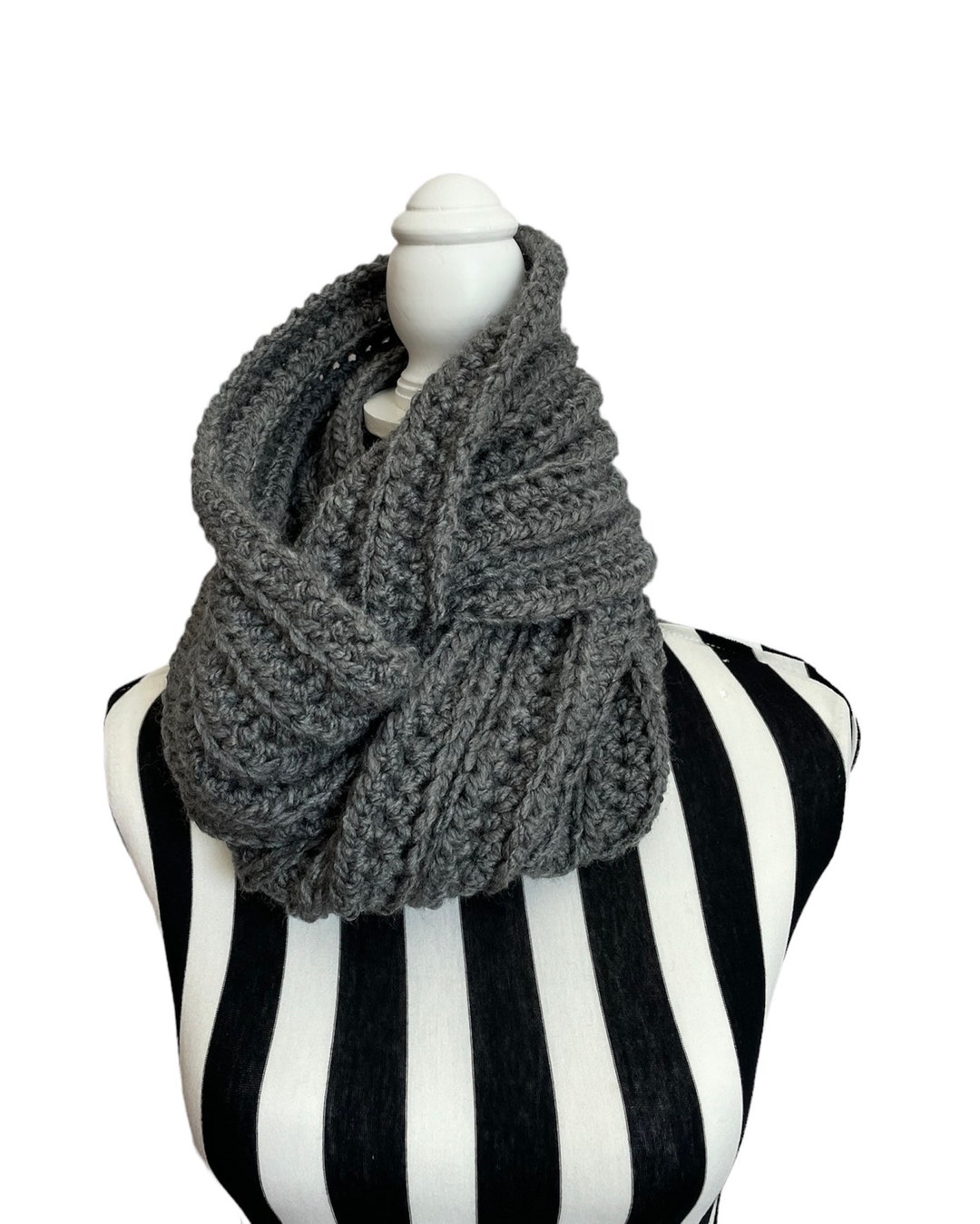 Crochet Chunky Ribbed Infinity Scarf/cowl/gray/charcoal/ready to Ship ...