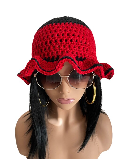 Crochet Red and Black Ruffle Bucket Hat Red Lady Bug Crochet Ruffle Bucket Hat, Red and Black  main image 2