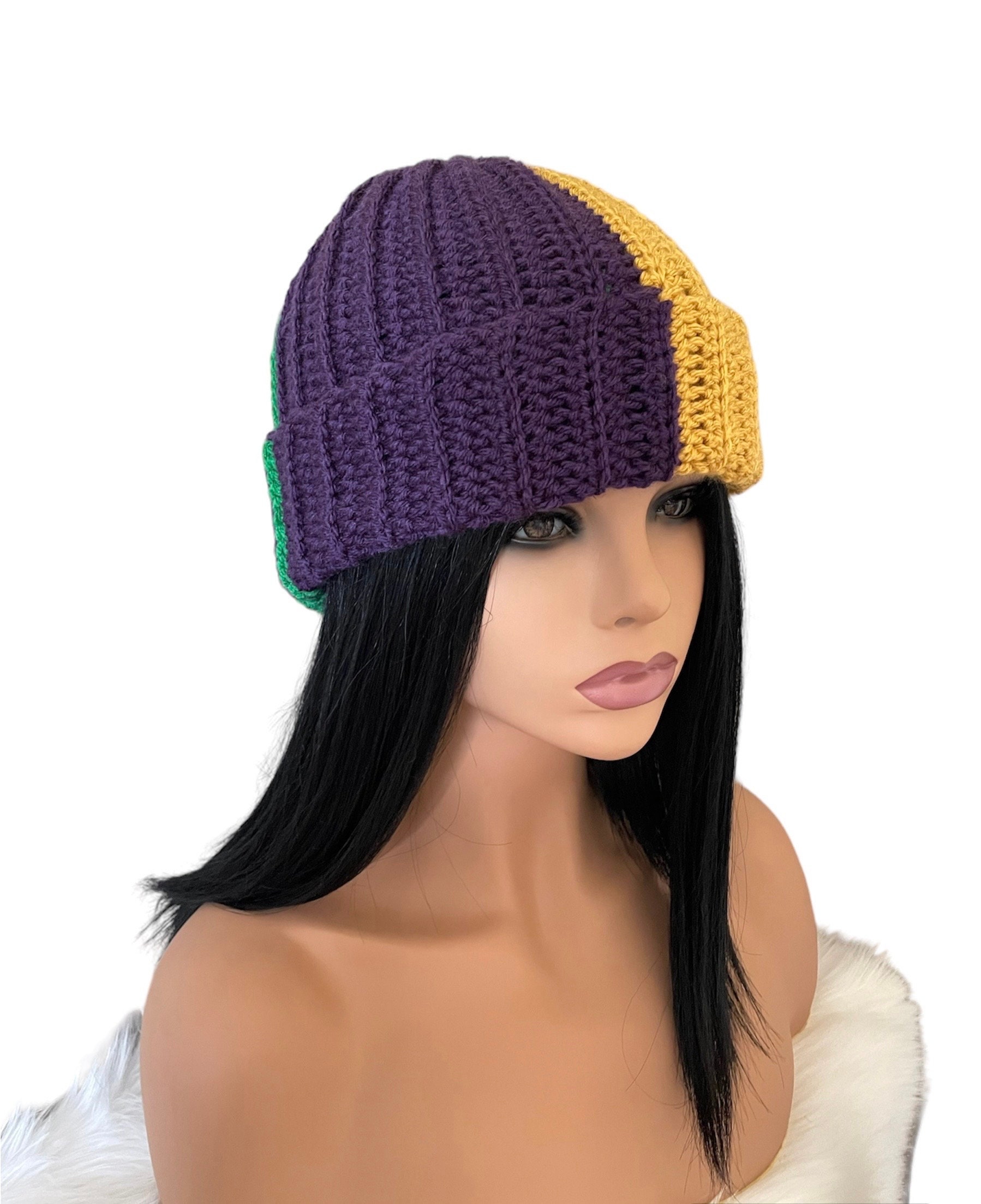 Mardi Gras Crochet Beanie: Purple, Gold, Green Striped Hat 