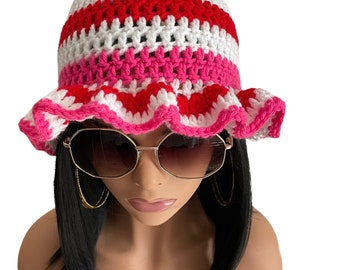 Pink Ombre Crochet Ruffle Hat| Crochet Beanie| Bucket Hat  display picture 3