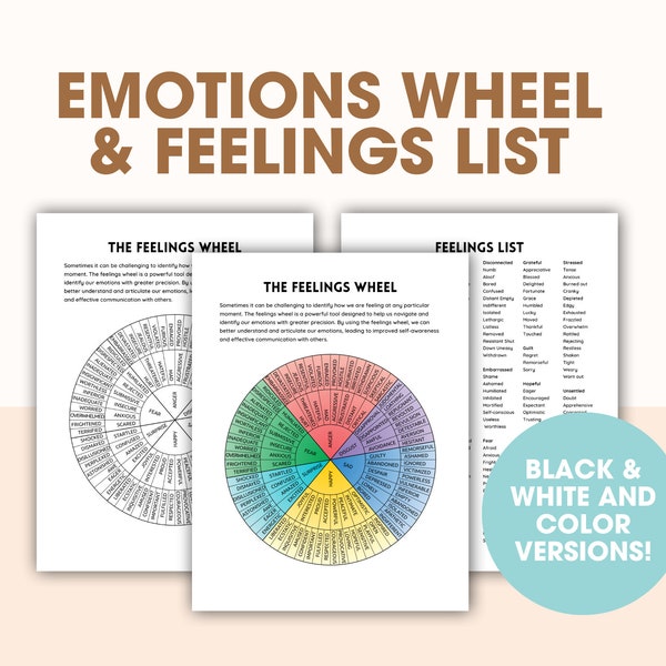 Feelings Wheel & Emotions List! Therapy Worksheets and Handouts, Social Work Tools, Counseling Resources, Feeling Digital Download, PDF