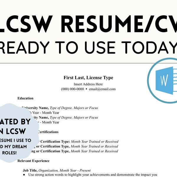 LCSW Resume Template, Resume/CV for Social Workers, Therapist Job Application Materials, Mental Health, Psychology, LMSW Resume Tool