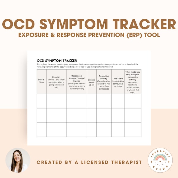 OCD Symptom Tracker | OCD Worksheet for Therapists, Counselors, Social Workers | ERP Worksheet| Exposure and Response Prevention Tools
