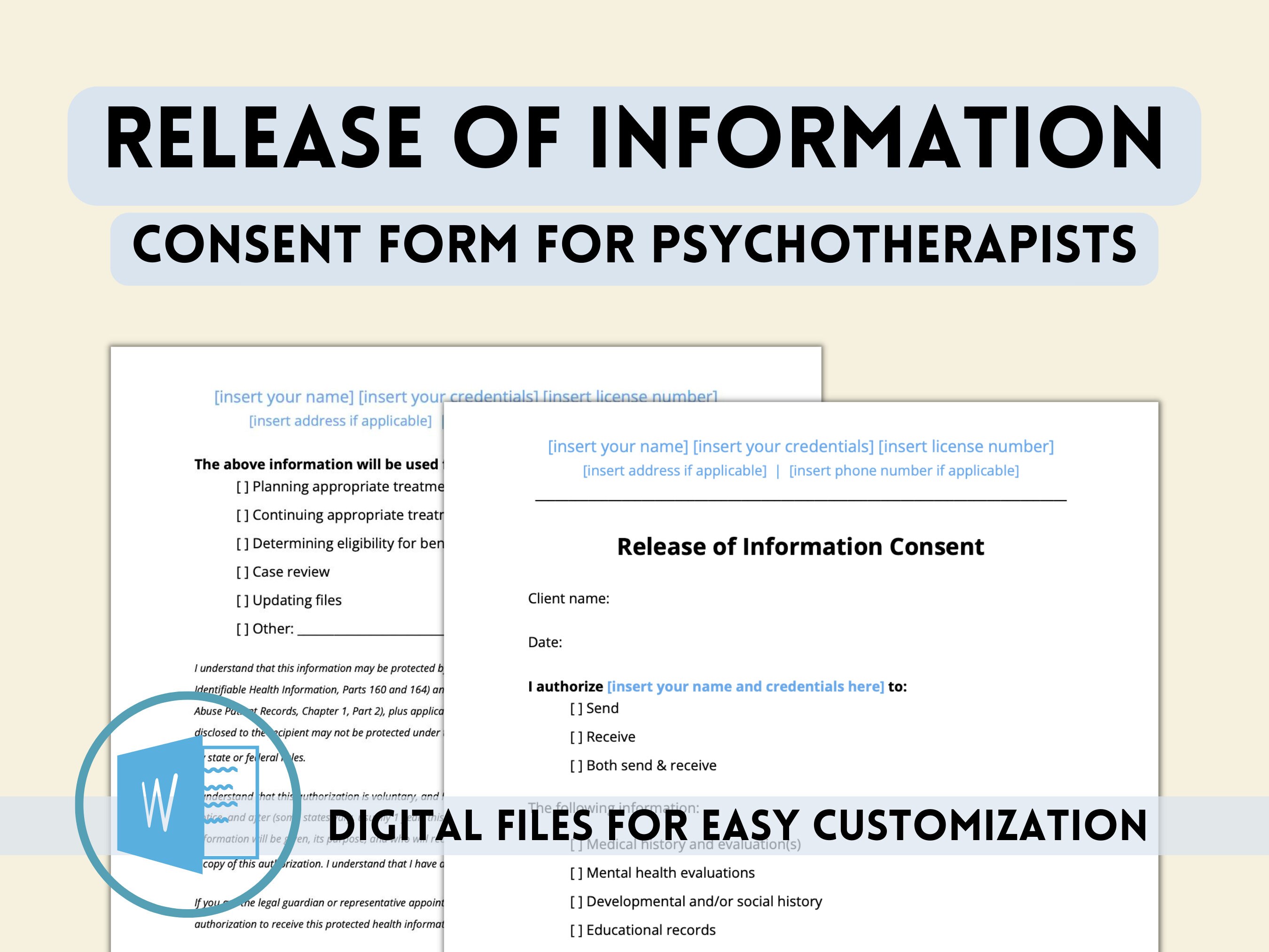 Release of Information ROI Consent Form for Therapists, Counselors - A Blanket Release Of Information Form Is