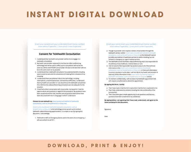 Telehealth Consent Form Consent for Therapists, Counselors ...