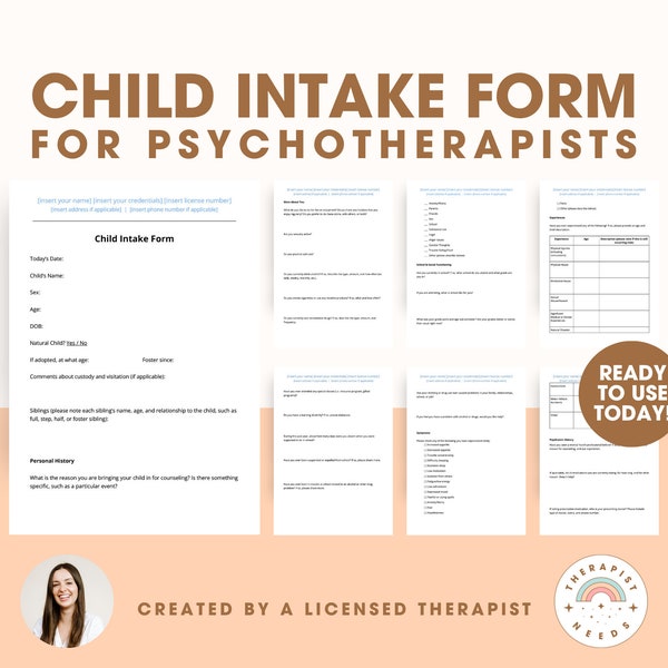 Child Intake Form Template for Psychotherapists and Counselors, Therapy Consent, Counseling with Kids, Private Practice, Social Work, School