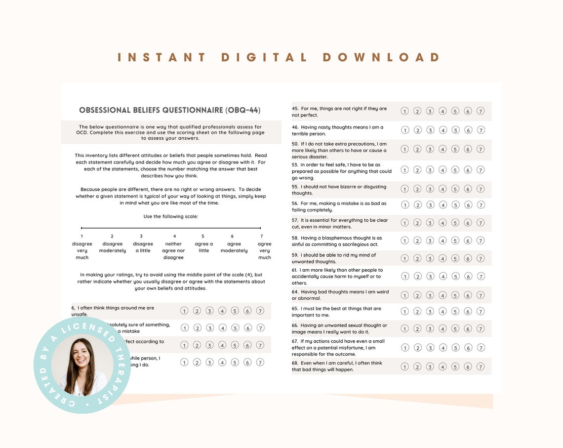 OCD Assessment Tool OCD Worksheet &amp; Test With Answer Key for Therapists ...