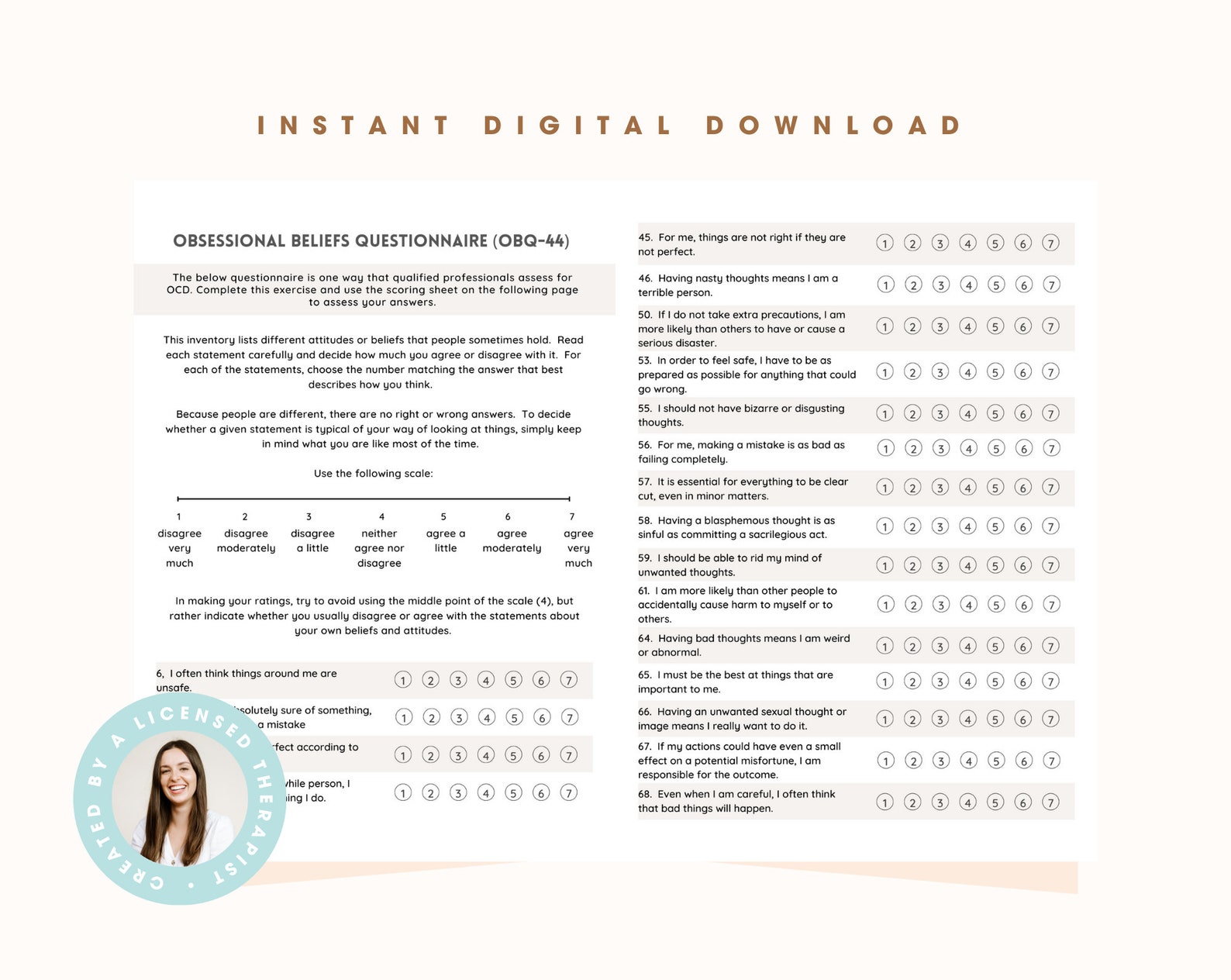 OCD Assessment Tool | OCD Worksheet &amp; Test With Answer Key for ...