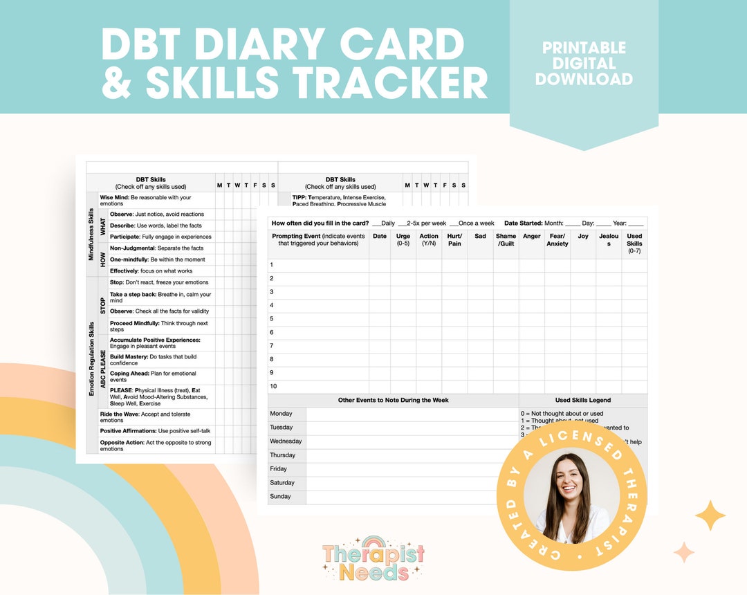 DBT Diary Card! DBT Skills Tracker, Therapy Worksheets &amp; Handouts, DBT ...