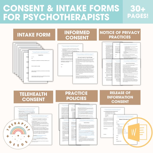 THERAPY CONSENT FORMS Bundle, Intake Forms, Psychotherapy Informed Consent, Privacy Practices, Telehealth Consent, Release of Information