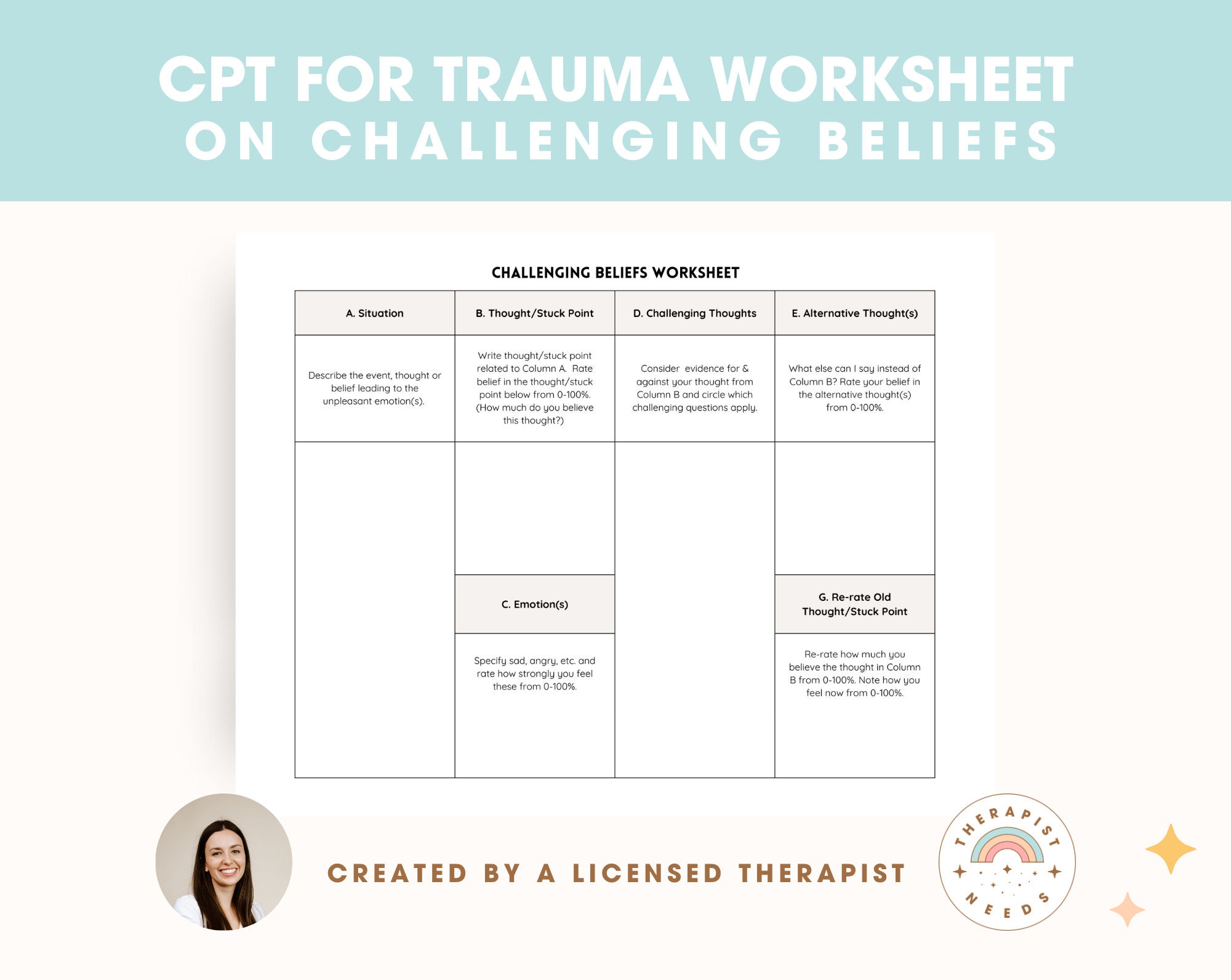 CPT for Trauma Worksheets & Handouts on Challenging Beliefs/stuck