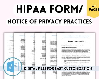 ¡FORMULARIO HIPAA DE TERAPIA/Aviso de prácticas de privacidad! Consentimiento para consejeros, psicoterapeutas, práctica privada, trabajo social, plantilla de formulario legal