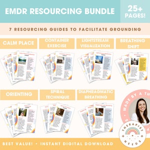 EMDR Resourcing Bundle: 7 EMDR Resource Guides! EMDR Scripts, Trauma Therapy, Anxiety Coping Skills, Counseling Exercise, Grounding Activity