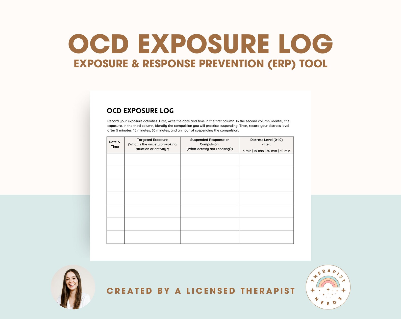 OCD Exposures Log Tracker | OCD Worksheet for Therapists, Counselors ...