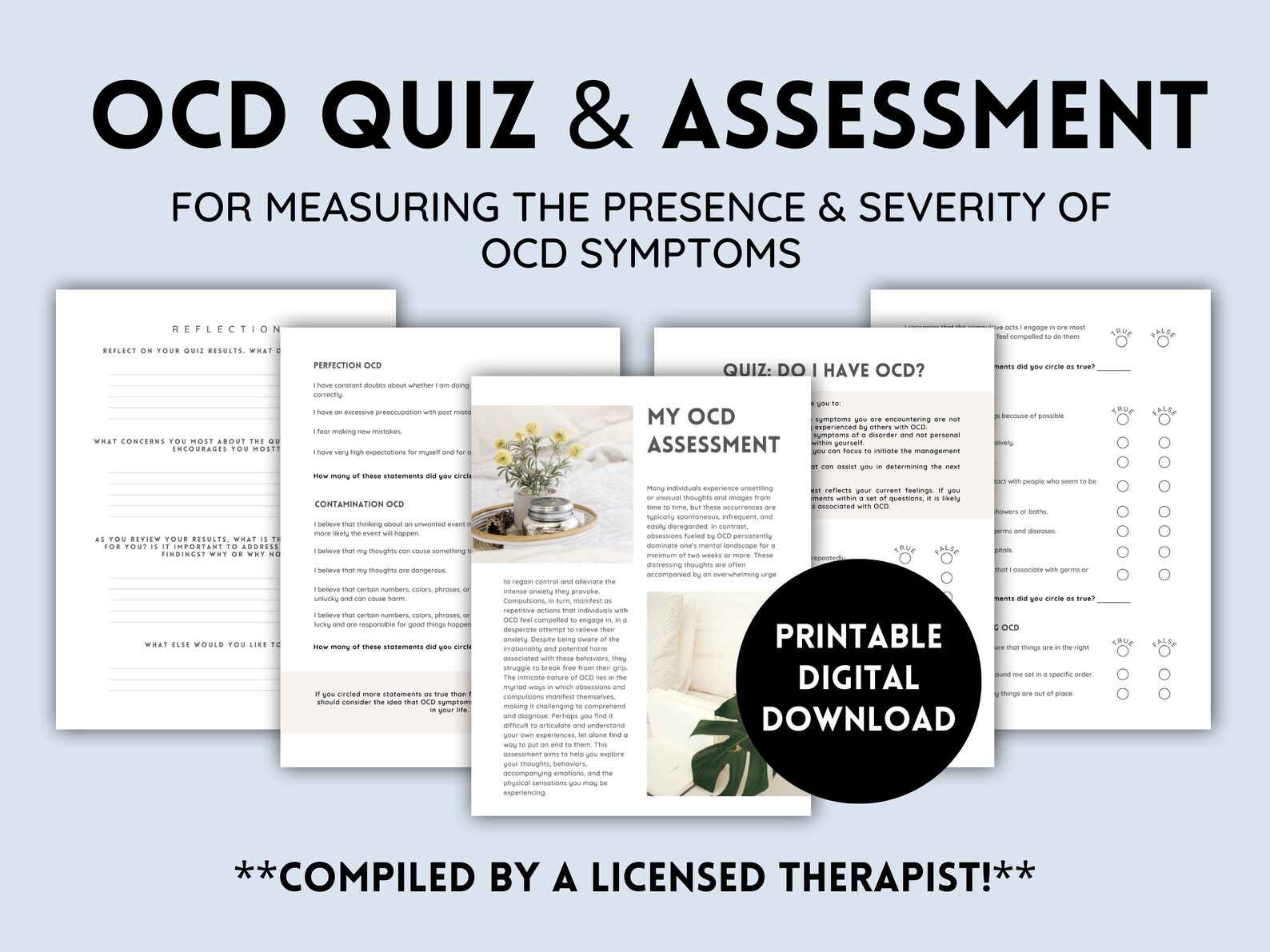 OCD Assessment Tool OCD Worksheet &amp; Test With Answer Key for - Etsy