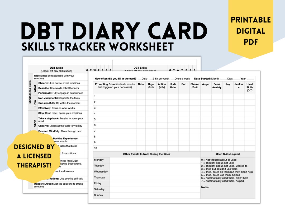 DBT Diary Card DBT Skills Tracker Therapy Worksheets & Etsy